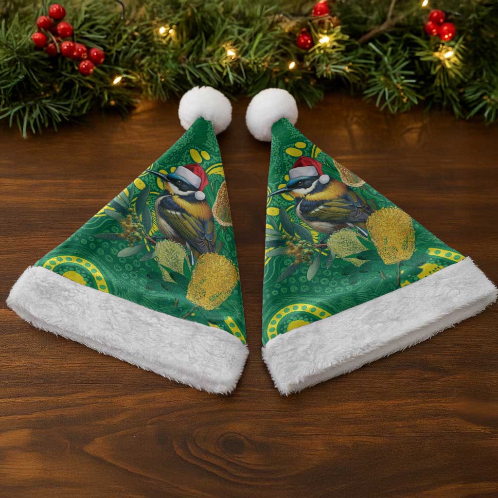 Aussie Honeyeaters Banksia Christmas Santa Hat Aboriginal Dots Painting Green Motif - Aussie Hoodie