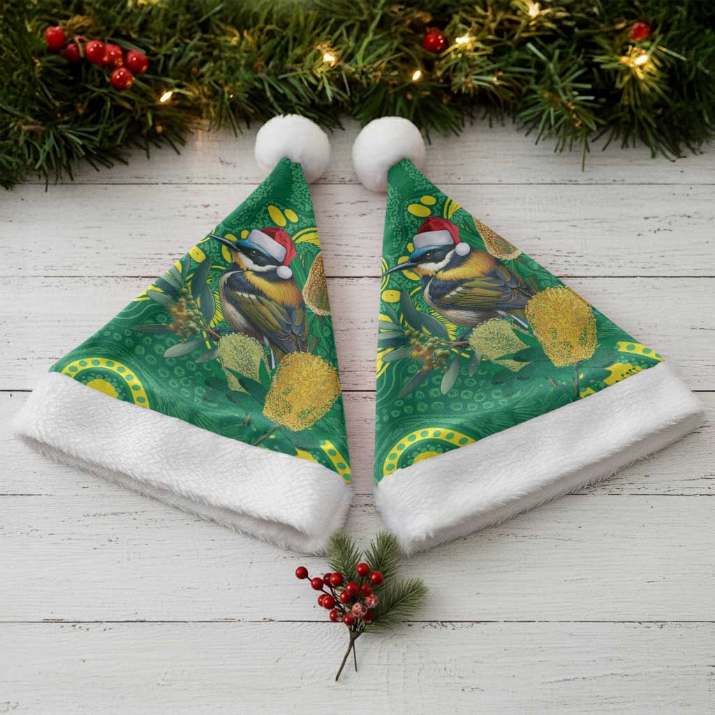 Aussie Honeyeaters Banksia Christmas Santa Hat Aboriginal Dots Painting Green Motif - Aussie Hoodie