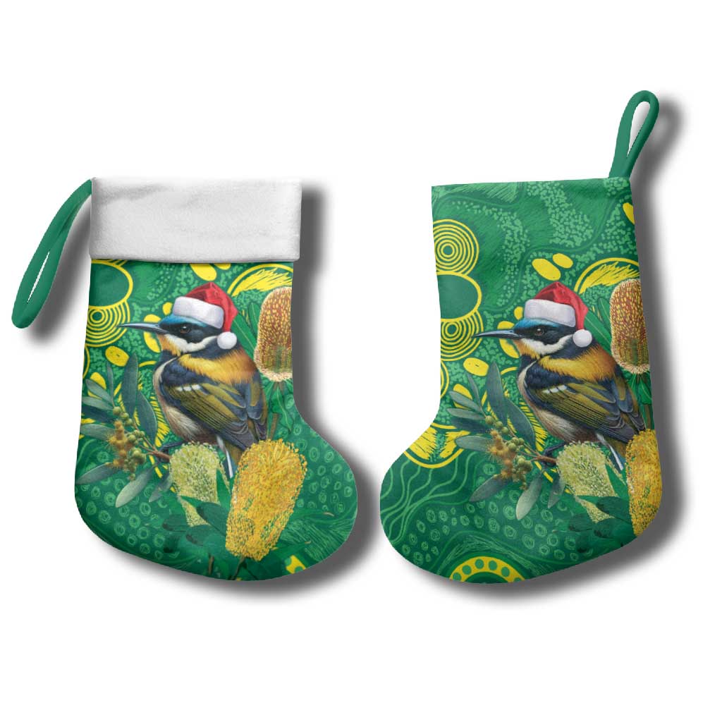 Aussie Honeyeaters Banksia Christmas Stocking Aboriginal Dots Painting Green Motif - Aussie Hoodie