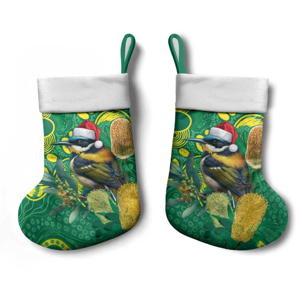 Aussie Honeyeaters Banksia Christmas Stocking Aboriginal Dots Painting Green Motif - Aussie Hoodie