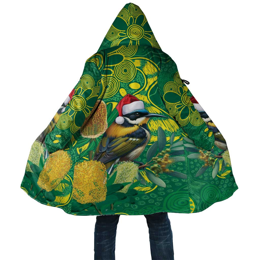 Aussie Honeyeaters Banksia Christmas Cloak Aboriginal Dots Painting Green Motif - Aussie Hoodie