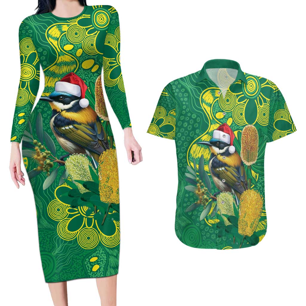 Aussie Honeyeaters Banksia Christmas Couples Matching Long Sleeve Bodycon Dress and Hawaiian Shirt Aboriginal Dots Painting Green Motif - Aussie Hoodie