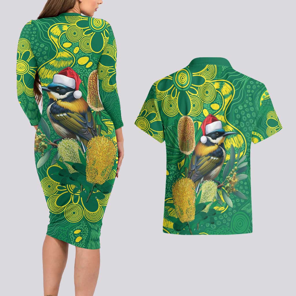 Aussie Honeyeaters Banksia Christmas Couples Matching Long Sleeve Bodycon Dress and Hawaiian Shirt Aboriginal Dots Painting Green Motif - Aussie Hoodie