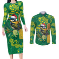 Aussie Honeyeaters Banksia Christmas Couples Matching Long Sleeve Bodycon Dress and Long Sleeve Button Shirt Aboriginal Dots Painting Green Motif - Aussie Hoodie