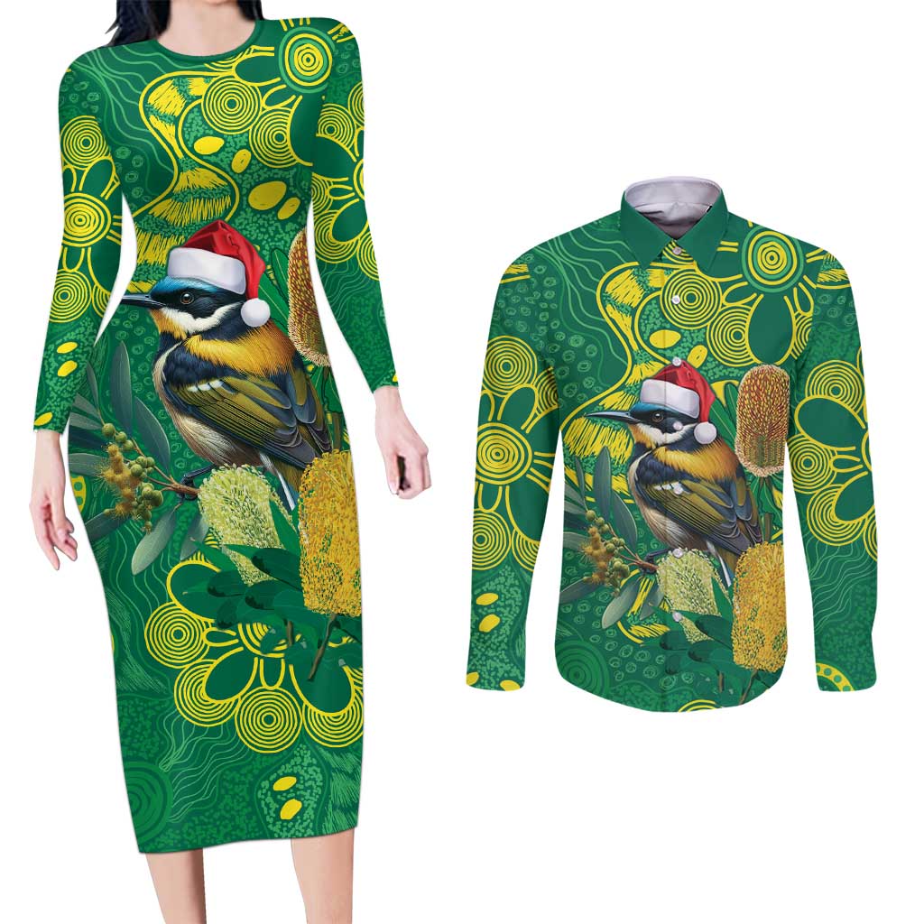 Aussie Honeyeaters Banksia Christmas Couples Matching Long Sleeve Bodycon Dress and Long Sleeve Button Shirt Aboriginal Dots Painting Green Motif - Aussie Hoodie