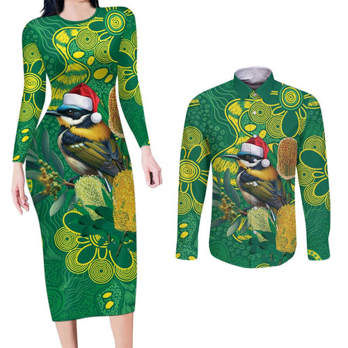Aussie Honeyeaters Banksia Christmas Couples Matching Long Sleeve Bodycon Dress and Long Sleeve Button Shirt Aboriginal Dots Painting Green Motif - Aussie Hoodie