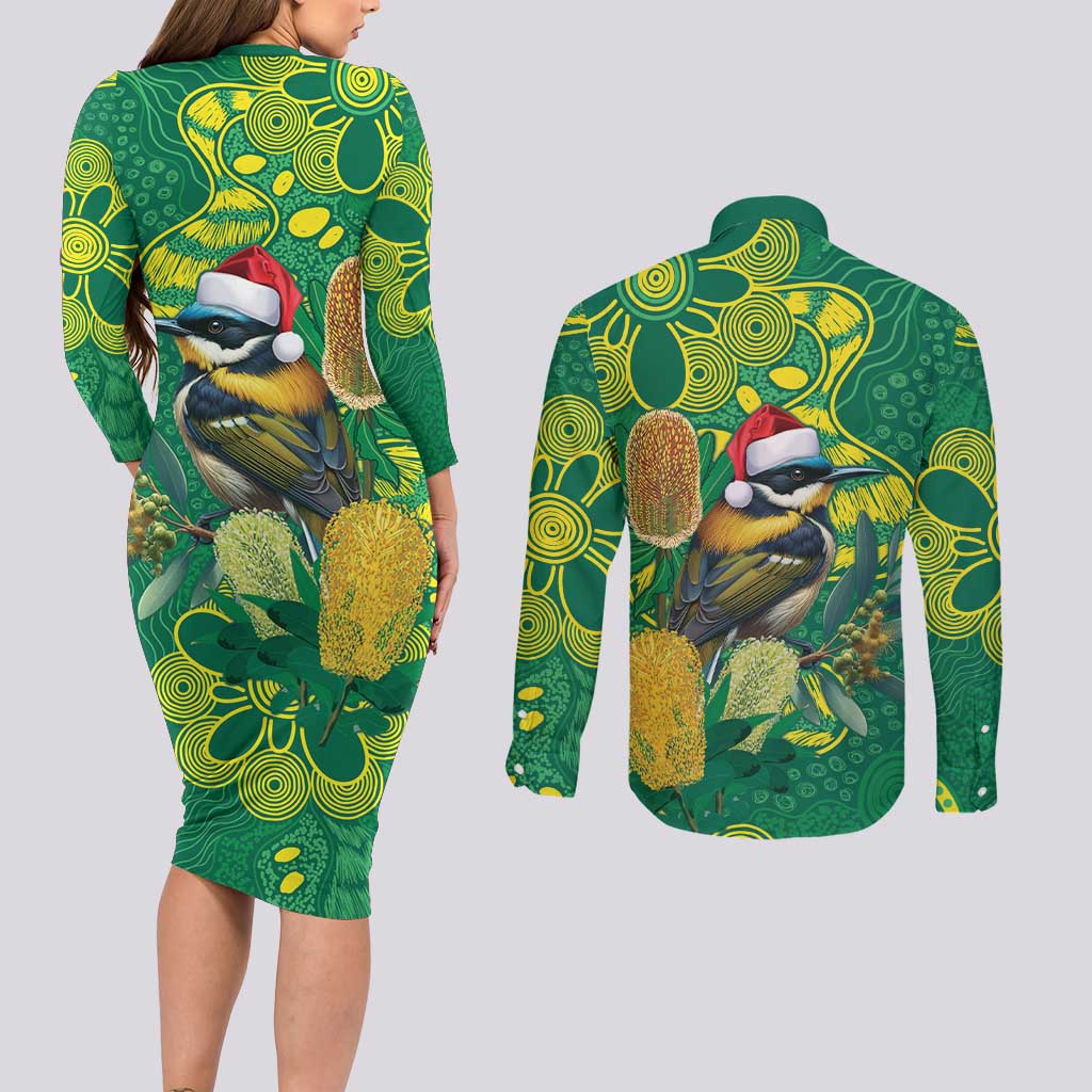 Aussie Honeyeaters Banksia Christmas Couples Matching Long Sleeve Bodycon Dress and Long Sleeve Button Shirt Aboriginal Dots Painting Green Motif - Aussie Hoodie