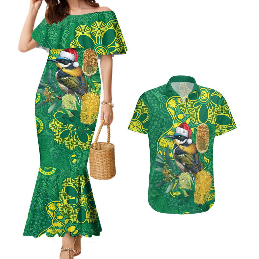 Aussie Honeyeaters Banksia Christmas Couples Matching Mermaid Dress and Hawaiian Shirt Aboriginal Dots Painting Green Motif - Aussie Hoodie