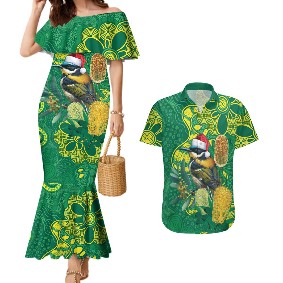 Aussie Honeyeaters Banksia Christmas Couples Matching Mermaid Dress and Hawaiian Shirt Aboriginal Dots Painting Green Motif - Aussie Hoodie