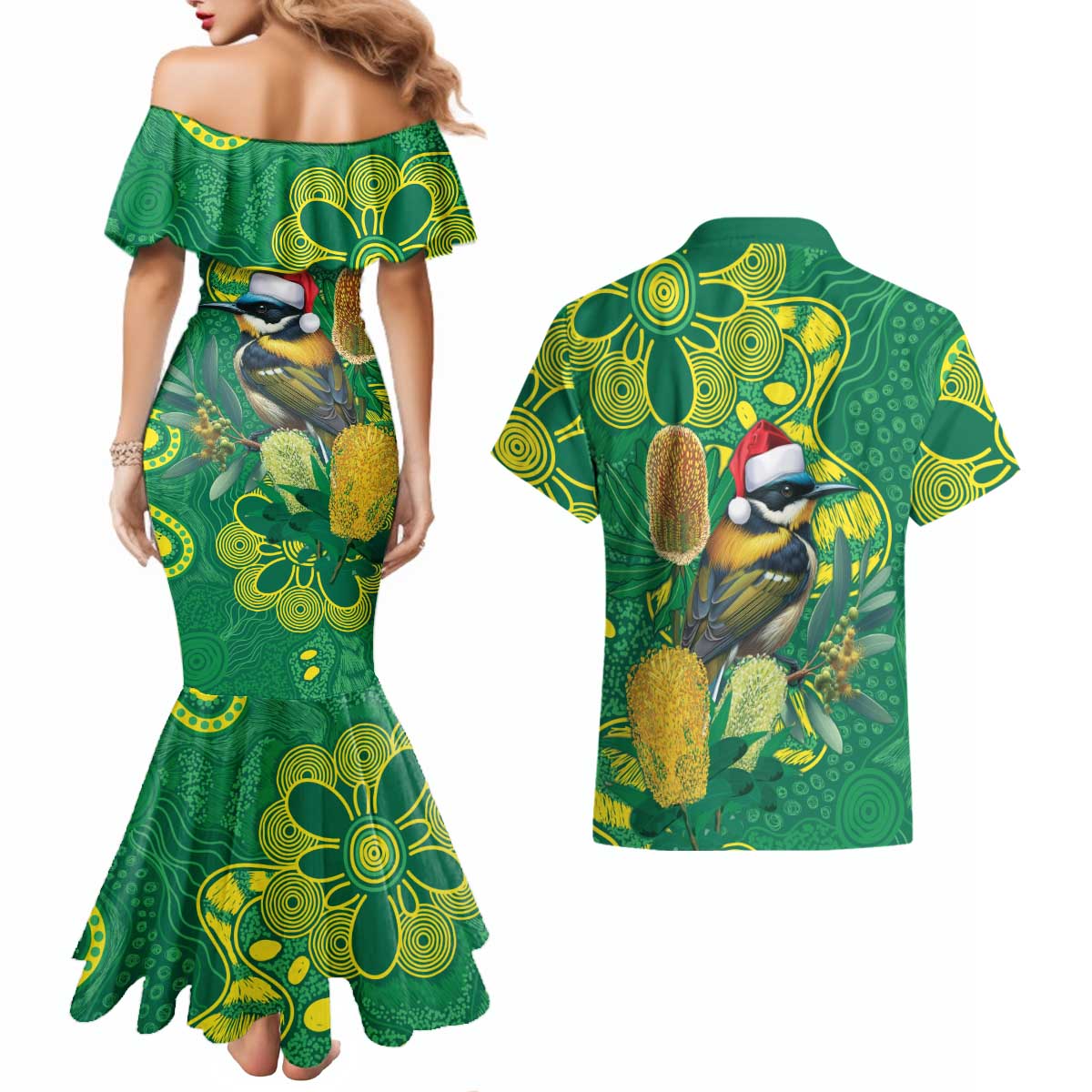 Aussie Honeyeaters Banksia Christmas Couples Matching Mermaid Dress and Hawaiian Shirt Aboriginal Dots Painting Green Motif - Aussie Hoodie