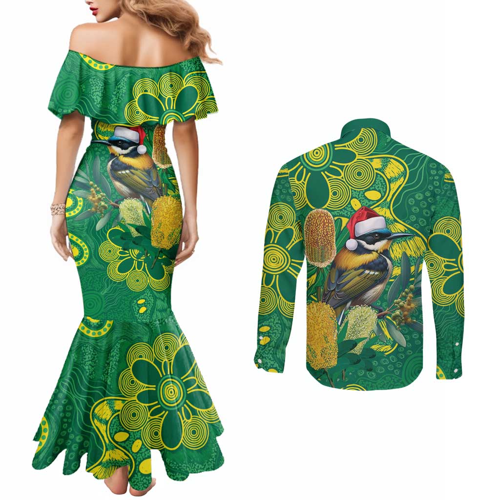 Aussie Honeyeaters Banksia Christmas Couples Matching Mermaid Dress and Long Sleeve Button Shirt Aboriginal Dots Painting Green Motif - Aussie Hoodie