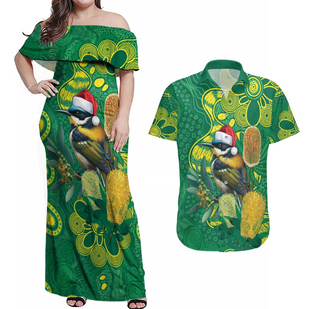 Aussie Honeyeaters Banksia Christmas Couples Matching Off Shoulder Maxi Dress and Hawaiian Shirt Aboriginal Dots Painting Green Motif - Aussie Hoodie