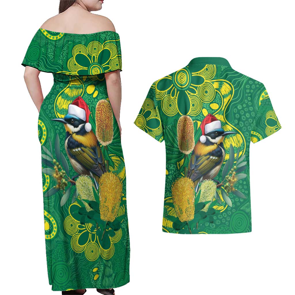Aussie Honeyeaters Banksia Christmas Couples Matching Off Shoulder Maxi Dress and Hawaiian Shirt Aboriginal Dots Painting Green Motif - Aussie Hoodie