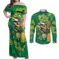 Aussie Honeyeaters Banksia Christmas Couples Matching Off Shoulder Maxi Dress and Long Sleeve Button Shirt Aboriginal Dots Painting Green Motif - Aussie Hoodie