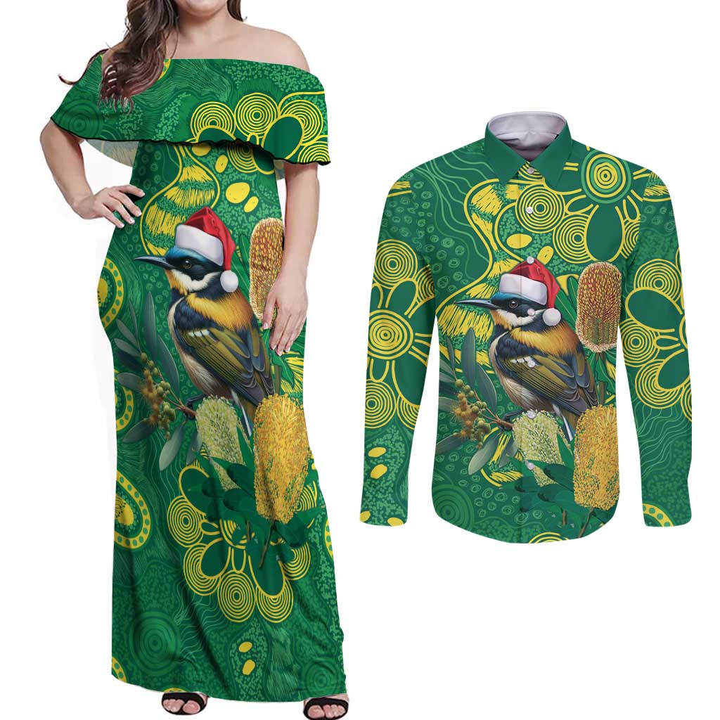 Aussie Honeyeaters Banksia Christmas Couples Matching Off Shoulder Maxi Dress and Long Sleeve Button Shirt Aboriginal Dots Painting Green Motif - Aussie Hoodie