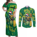 Aussie Honeyeaters Banksia Christmas Couples Matching Off Shoulder Maxi Dress and Long Sleeve Button Shirt Aboriginal Dots Painting Green Motif - Aussie Hoodie