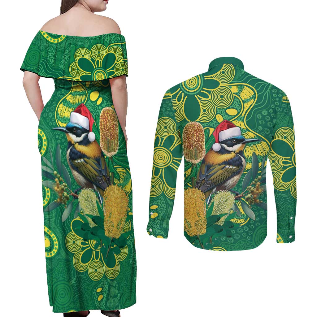 Aussie Honeyeaters Banksia Christmas Couples Matching Off Shoulder Maxi Dress and Long Sleeve Button Shirt Aboriginal Dots Painting Green Motif - Aussie Hoodie