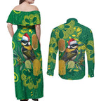 Aussie Honeyeaters Banksia Christmas Couples Matching Off Shoulder Maxi Dress and Long Sleeve Button Shirt Aboriginal Dots Painting Green Motif - Aussie Hoodie
