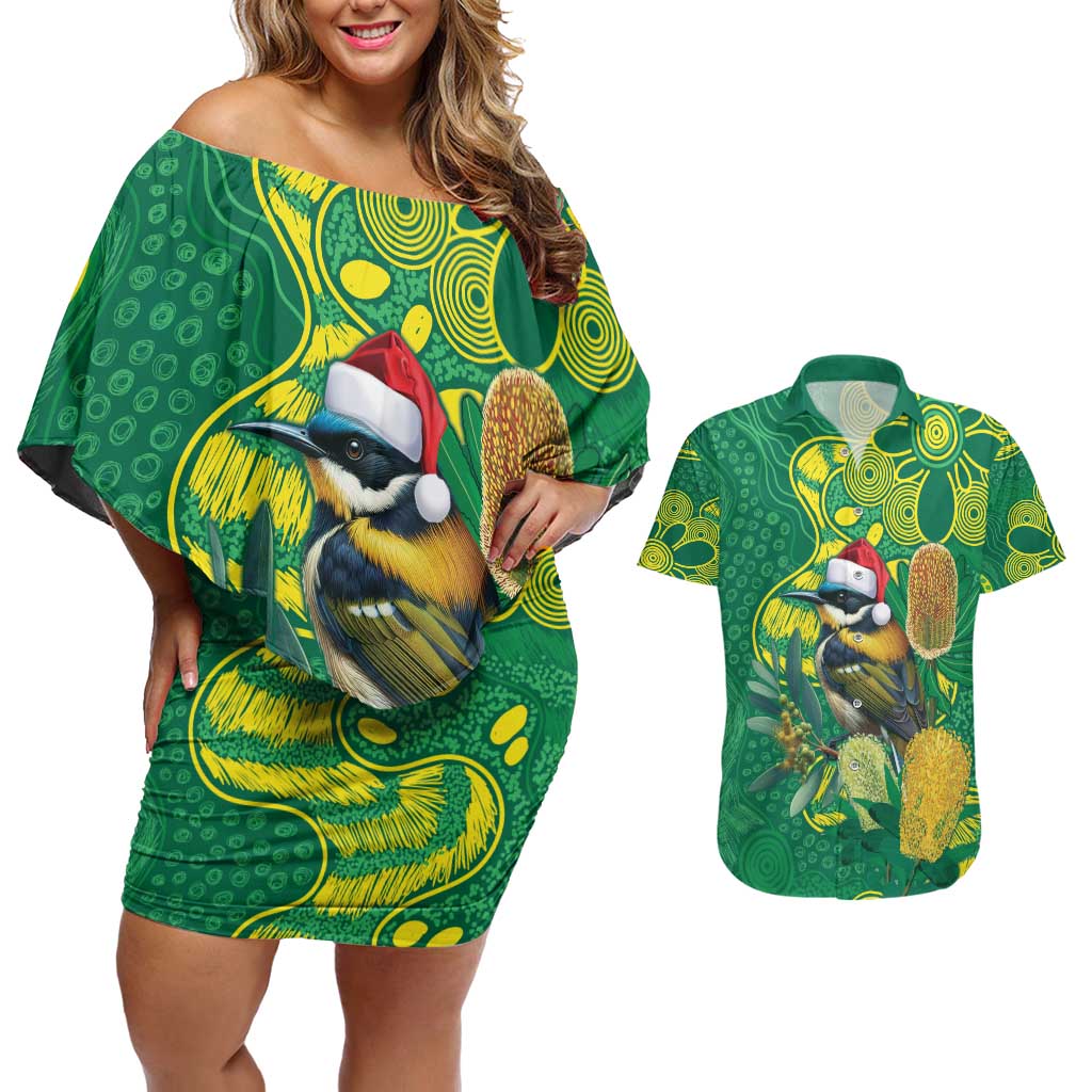 Aussie Honeyeaters Banksia Christmas Couples Matching Off Shoulder Short Dress and Hawaiian Shirt Aboriginal Dots Painting Green Motif - Aussie Hoodie
