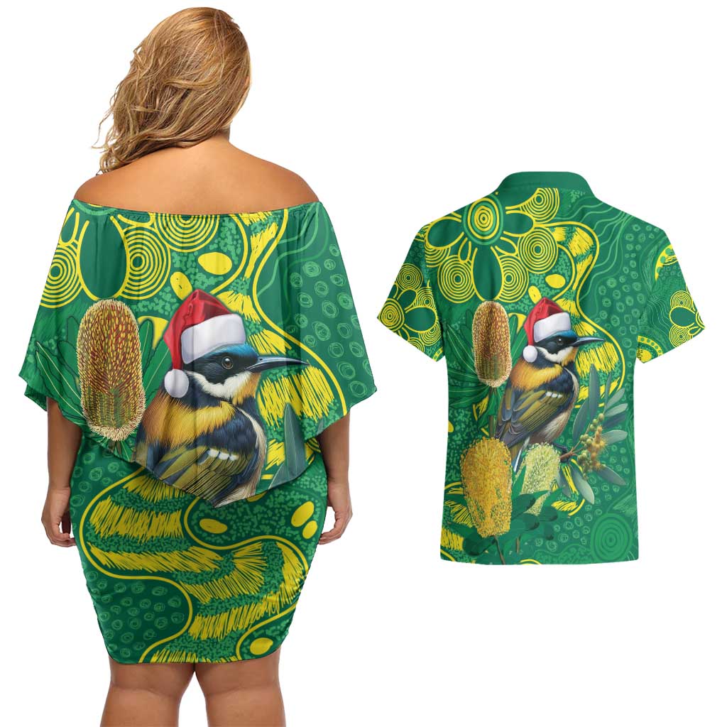 Aussie Honeyeaters Banksia Christmas Couples Matching Off Shoulder Short Dress and Hawaiian Shirt Aboriginal Dots Painting Green Motif - Aussie Hoodie