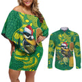Aussie Honeyeaters Banksia Christmas Couples Matching Off Shoulder Short Dress and Long Sleeve Button Shirt Aboriginal Dots Painting Green Motif - Aussie Hoodie