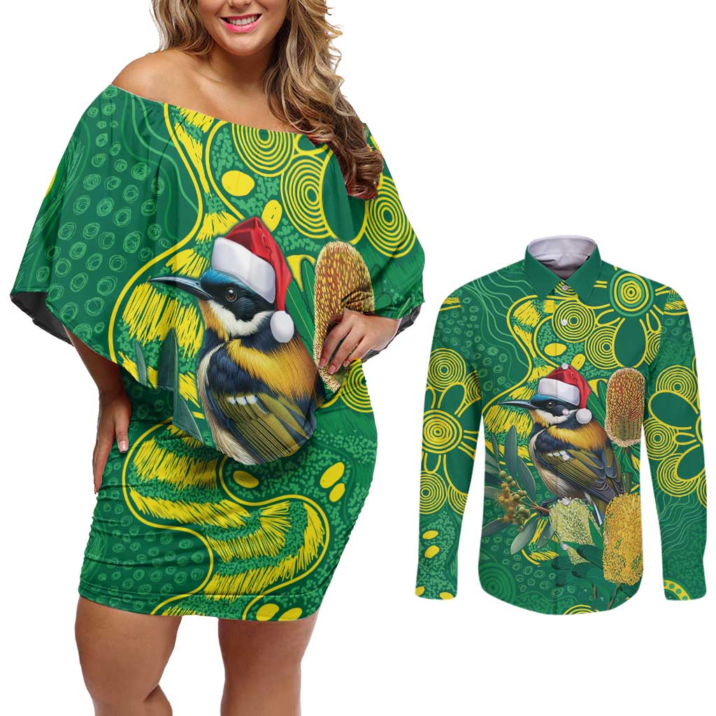 Aussie Honeyeaters Banksia Christmas Couples Matching Off Shoulder Short Dress and Long Sleeve Button Shirt Aboriginal Dots Painting Green Motif - Aussie Hoodie