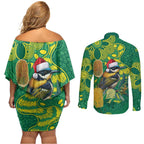 Aussie Honeyeaters Banksia Christmas Couples Matching Off Shoulder Short Dress and Long Sleeve Button Shirt Aboriginal Dots Painting Green Motif - Aussie Hoodie
