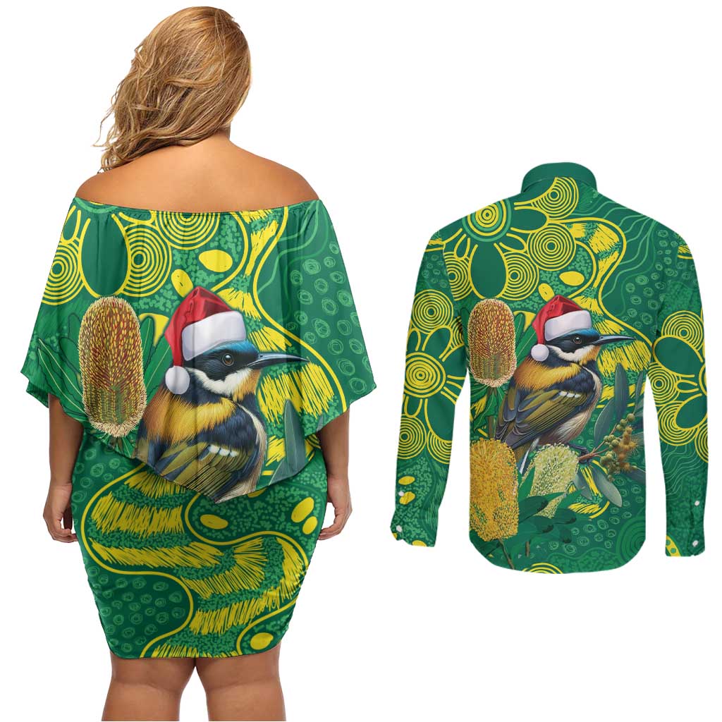 Aussie Honeyeaters Banksia Christmas Couples Matching Off Shoulder Short Dress and Long Sleeve Button Shirt Aboriginal Dots Painting Green Motif - Aussie Hoodie