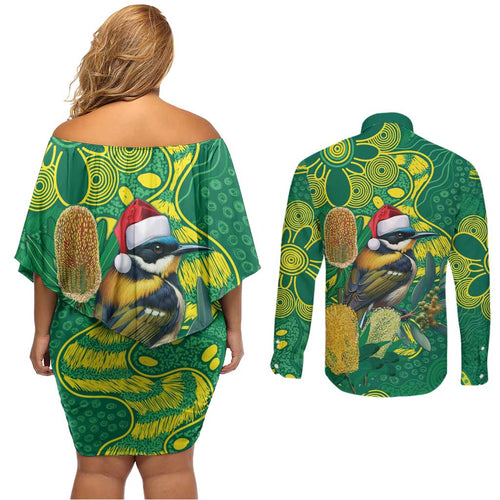 Aussie Honeyeaters Banksia Christmas Couples Matching Off Shoulder Short Dress and Long Sleeve Button Shirt Aboriginal Dots Painting Green Motif - Aussie Hoodie