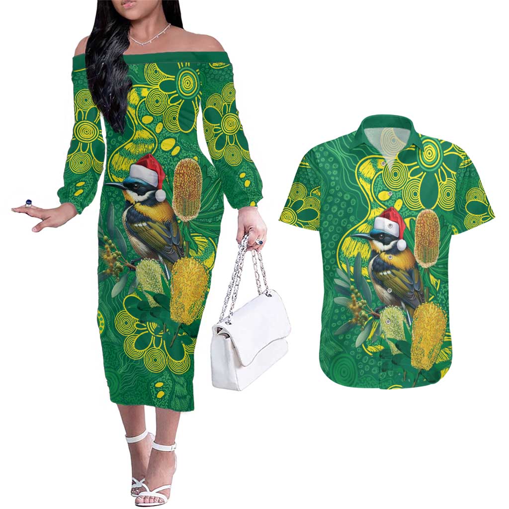 Aussie Honeyeaters Banksia Christmas Couples Matching Off The Shoulder Long Sleeve Dress and Hawaiian Shirt Aboriginal Dots Painting Green Motif - Aussie Hoodie