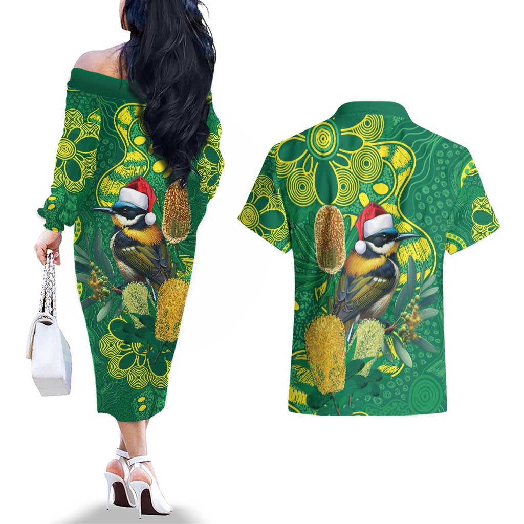 Aussie Honeyeaters Banksia Christmas Couples Matching Off The Shoulder Long Sleeve Dress and Hawaiian Shirt Aboriginal Dots Painting Green Motif - Aussie Hoodie