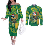 Aussie Honeyeaters Banksia Christmas Couples Matching Off The Shoulder Long Sleeve Dress and Long Sleeve Button Shirt Aboriginal Dots Painting Green Motif - Aussie Hoodie