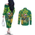 Aussie Honeyeaters Banksia Christmas Couples Matching Off The Shoulder Long Sleeve Dress and Long Sleeve Button Shirt Aboriginal Dots Painting Green Motif - Aussie Hoodie