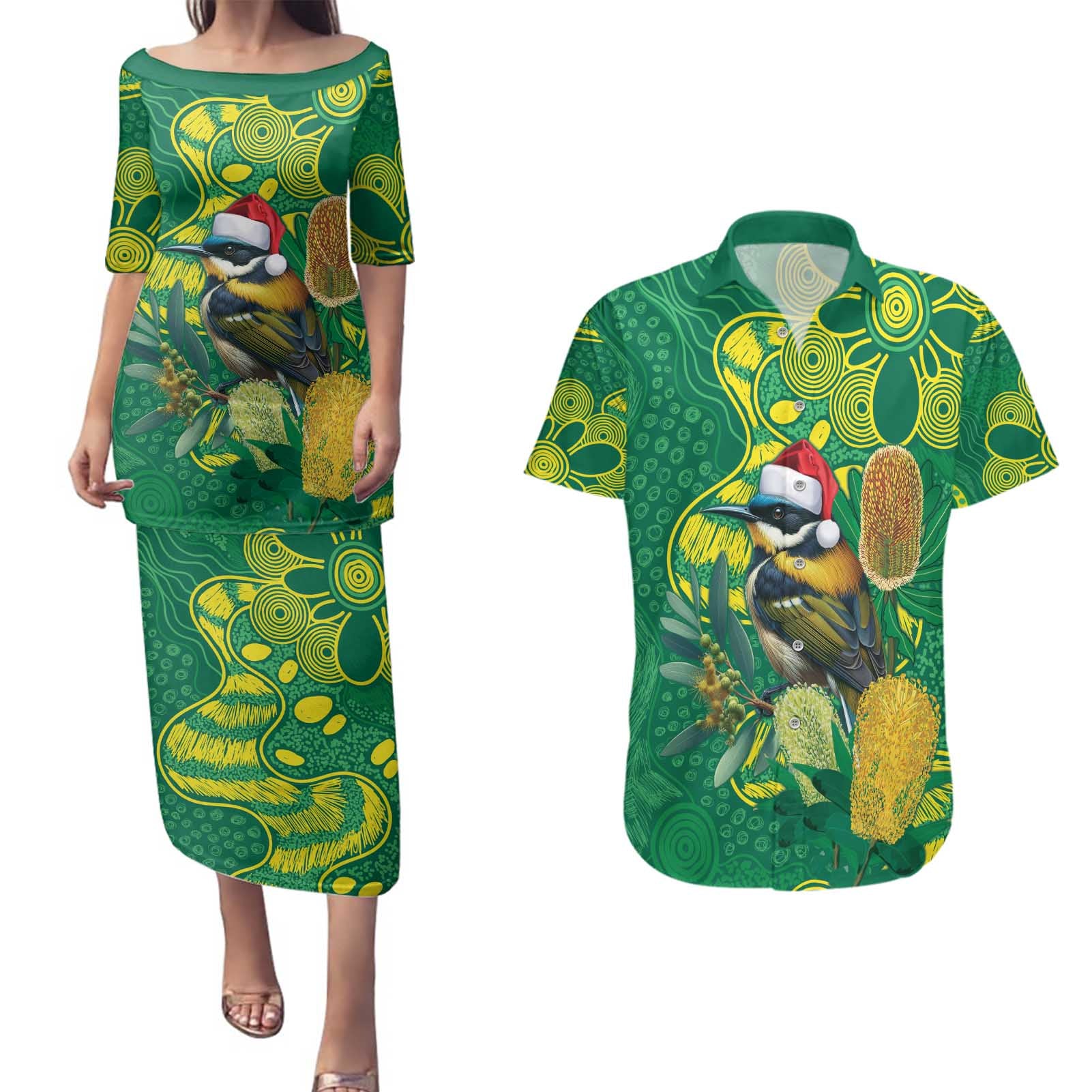 Aussie Honeyeaters Banksia Christmas Couples Matching Puletasi and Hawaiian Shirt Aboriginal Dots Painting Green Motif - Aussie Hoodie