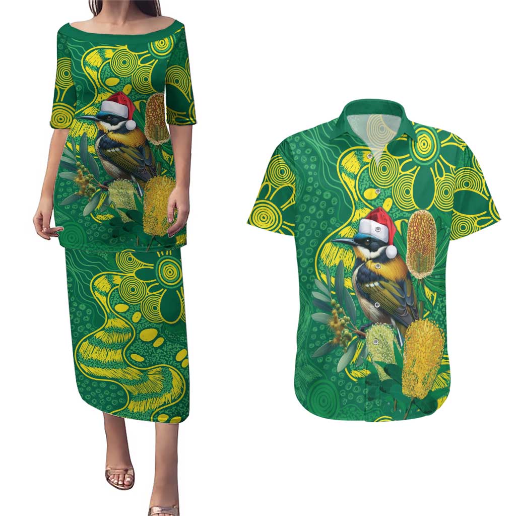Aussie Honeyeaters Banksia Christmas Couples Matching Puletasi and Hawaiian Shirt Aboriginal Dots Painting Green Motif - Aussie Hoodie