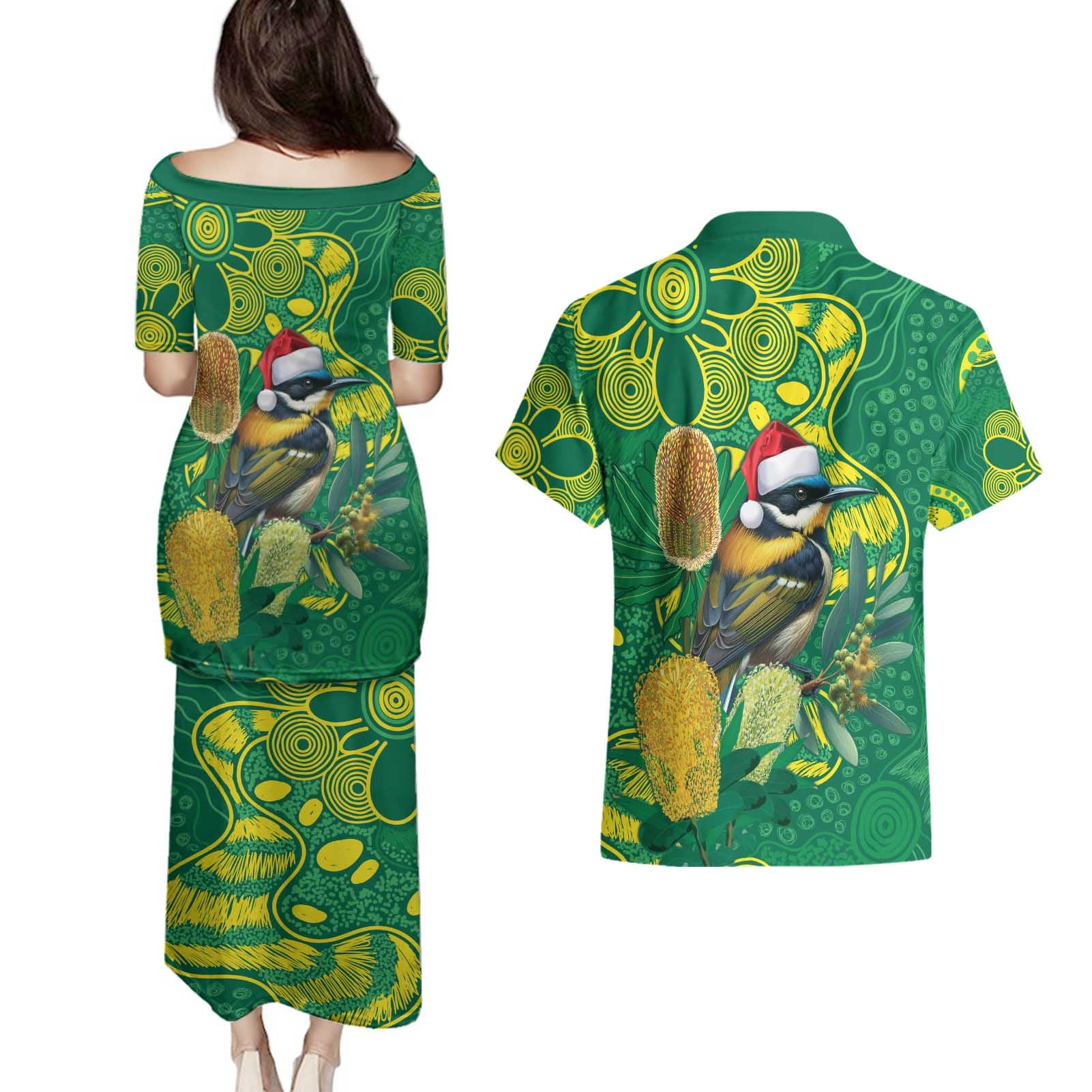 Aussie Honeyeaters Banksia Christmas Couples Matching Puletasi and Hawaiian Shirt Aboriginal Dots Painting Green Motif - Aussie Hoodie