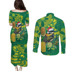 Aussie Honeyeaters Banksia Christmas Couples Matching Puletasi and Long Sleeve Button Shirt Aboriginal Dots Painting Green Motif - Aussie Hoodie