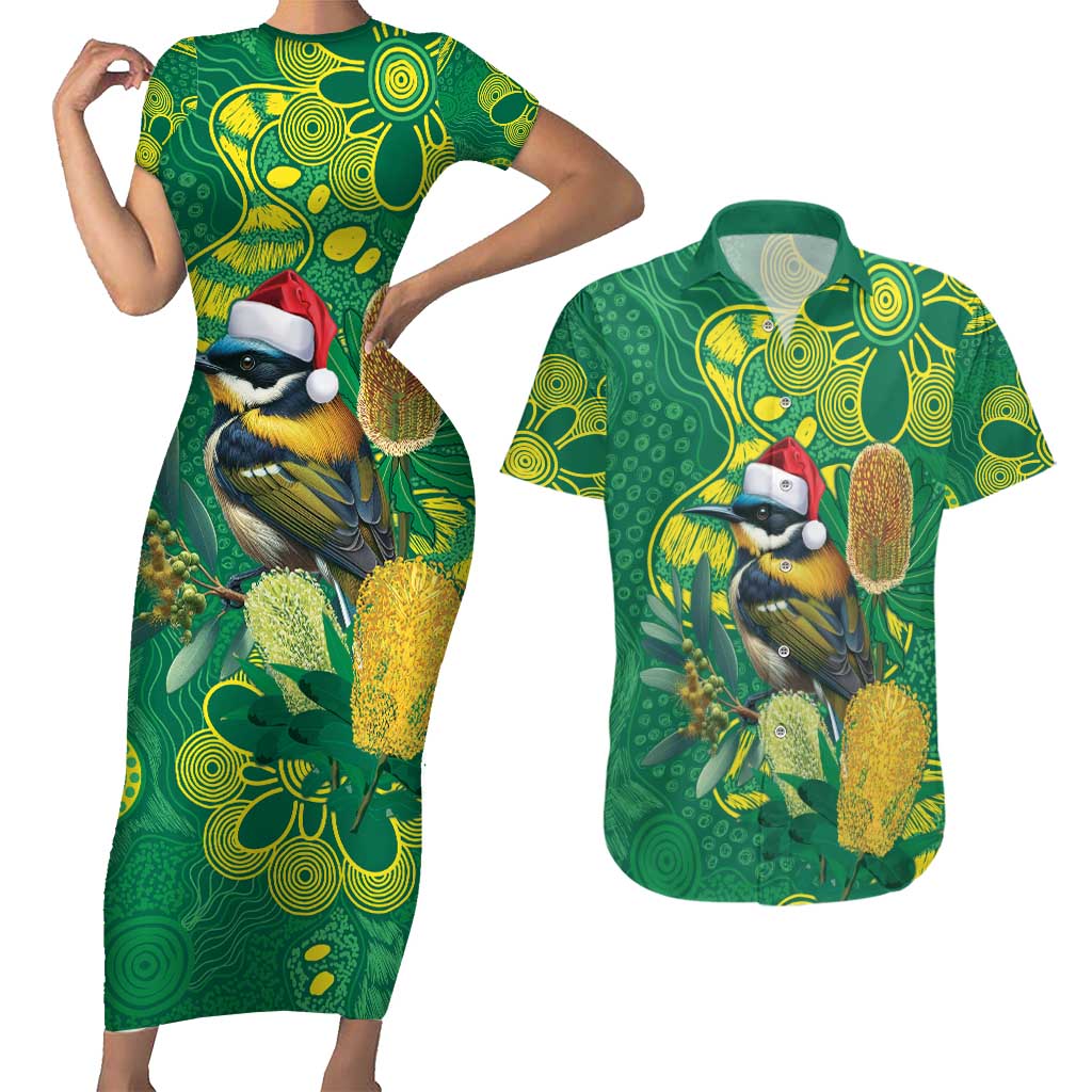 Aussie Honeyeaters Banksia Christmas Couples Matching Short Sleeve Bodycon Dress and Hawaiian Shirt Aboriginal Dots Painting Green Motif - Aussie Hoodie