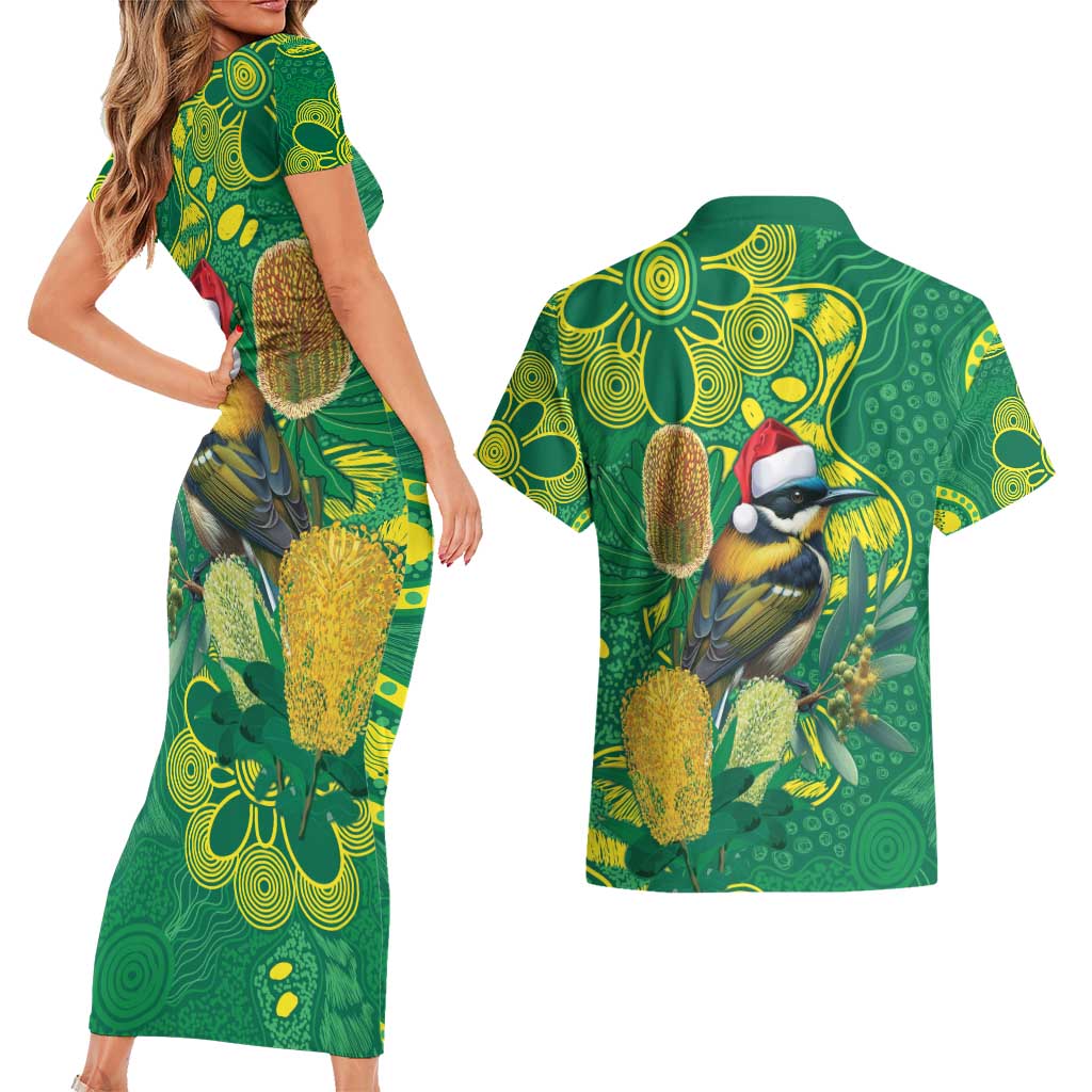 Aussie Honeyeaters Banksia Christmas Couples Matching Short Sleeve Bodycon Dress and Hawaiian Shirt Aboriginal Dots Painting Green Motif - Aussie Hoodie