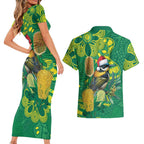 Aussie Honeyeaters Banksia Christmas Couples Matching Short Sleeve Bodycon Dress and Hawaiian Shirt Aboriginal Dots Painting Green Motif - Aussie Hoodie