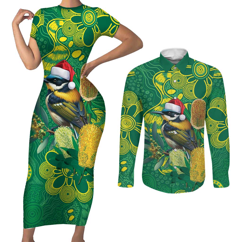 Aussie Honeyeaters Banksia Christmas Couples Matching Short Sleeve Bodycon Dress and Long Sleeve Button Shirt Aboriginal Dots Painting Green Motif - Aussie Hoodie