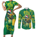 Aussie Honeyeaters Banksia Christmas Couples Matching Short Sleeve Bodycon Dress and Long Sleeve Button Shirt Aboriginal Dots Painting Green Motif - Aussie Hoodie