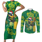 Aussie Honeyeaters Banksia Christmas Couples Matching Short Sleeve Bodycon Dress and Long Sleeve Button Shirt Aboriginal Dots Painting Green Motif - Aussie Hoodie