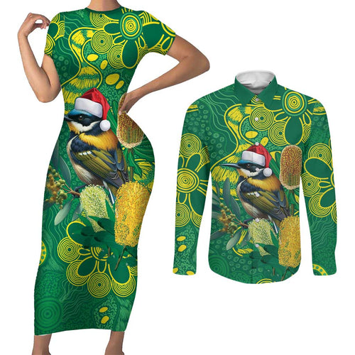 Aussie Honeyeaters Banksia Christmas Couples Matching Short Sleeve Bodycon Dress and Long Sleeve Button Shirt Aboriginal Dots Painting Green Motif - Aussie Hoodie