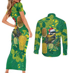 Aussie Honeyeaters Banksia Christmas Couples Matching Short Sleeve Bodycon Dress and Long Sleeve Button Shirt Aboriginal Dots Painting Green Motif - Aussie Hoodie