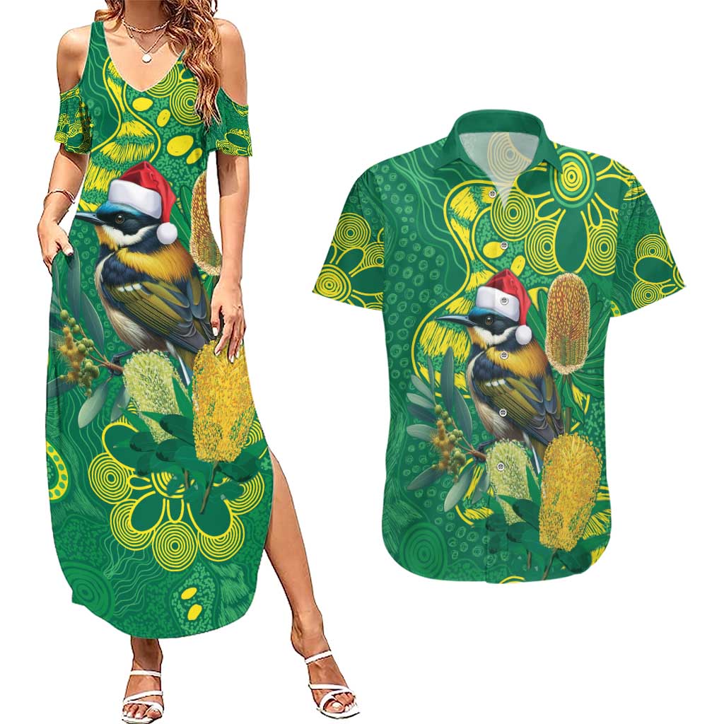 Aussie Honeyeaters Banksia Christmas Couples Matching Summer Maxi Dress and Hawaiian Shirt Aboriginal Dots Painting Green Motif - Aussie Hoodie