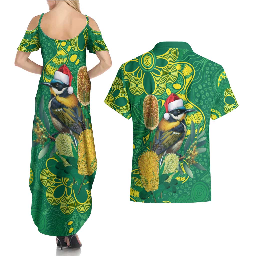 Aussie Honeyeaters Banksia Christmas Couples Matching Summer Maxi Dress and Hawaiian Shirt Aboriginal Dots Painting Green Motif - Aussie Hoodie