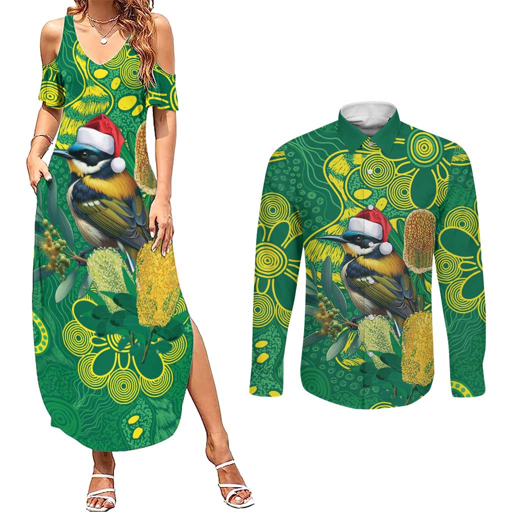 Aussie Honeyeaters Banksia Christmas Couples Matching Summer Maxi Dress and Long Sleeve Button Shirt Aboriginal Dots Painting Green Motif - Aussie Hoodie
