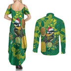 Aussie Honeyeaters Banksia Christmas Couples Matching Summer Maxi Dress and Long Sleeve Button Shirt Aboriginal Dots Painting Green Motif - Aussie Hoodie