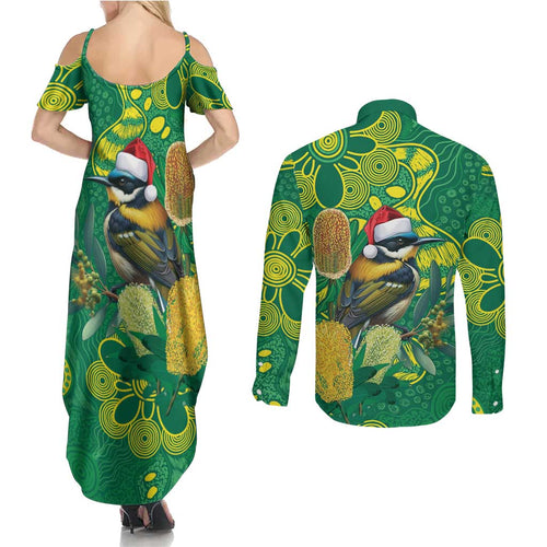Aussie Honeyeaters Banksia Christmas Couples Matching Summer Maxi Dress and Long Sleeve Button Shirt Aboriginal Dots Painting Green Motif - Aussie Hoodie